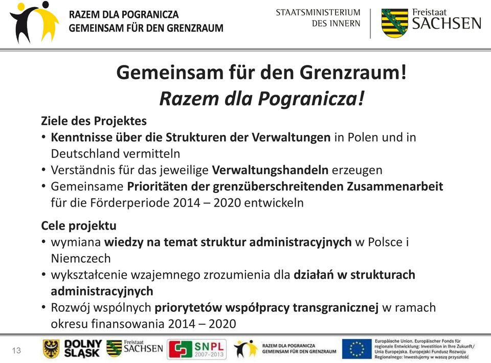 Verwaltungshandeln erzeugen Gemeinsame Prioritäten der grenzüberschreitenden Zusammenarbeit für die Förderperiode 2014 2020 entwickeln Cele