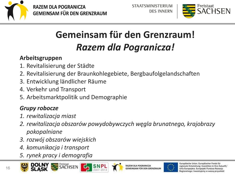 Verkehr und Transport 5. Arbeitsmarktpolitik und Demographie Grupy robocze 1. rewitalizacja miast 2.
