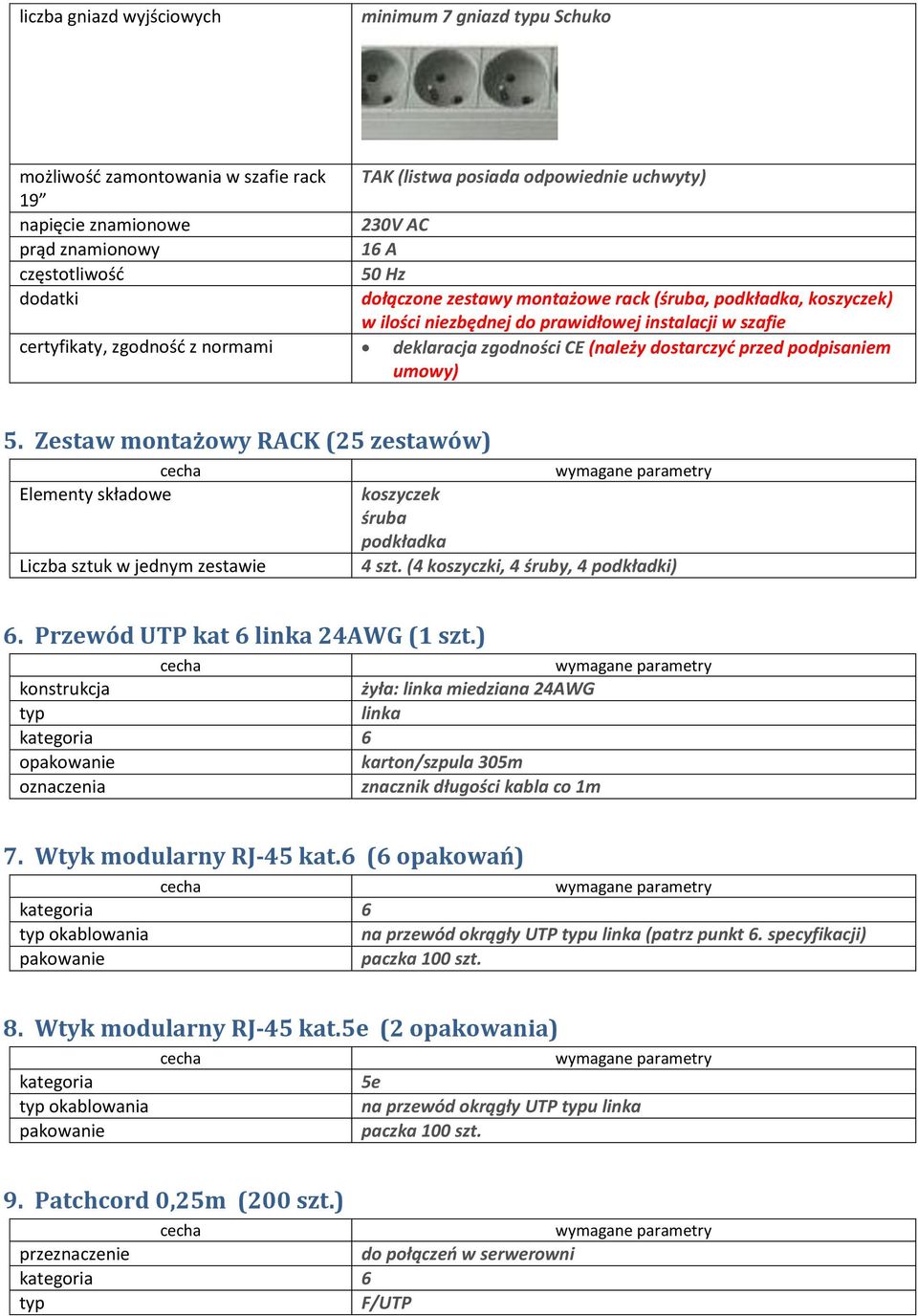 dostarczyć przed podpisaniem 5. Zestaw montażowy RACK (25 zestawów) Elementy składowe Liczba sztuk w jednym zestawie koszyczek śruba podkładka 4 szt. (4 koszyczki, 4 śruby, 4 podkładki) 6.