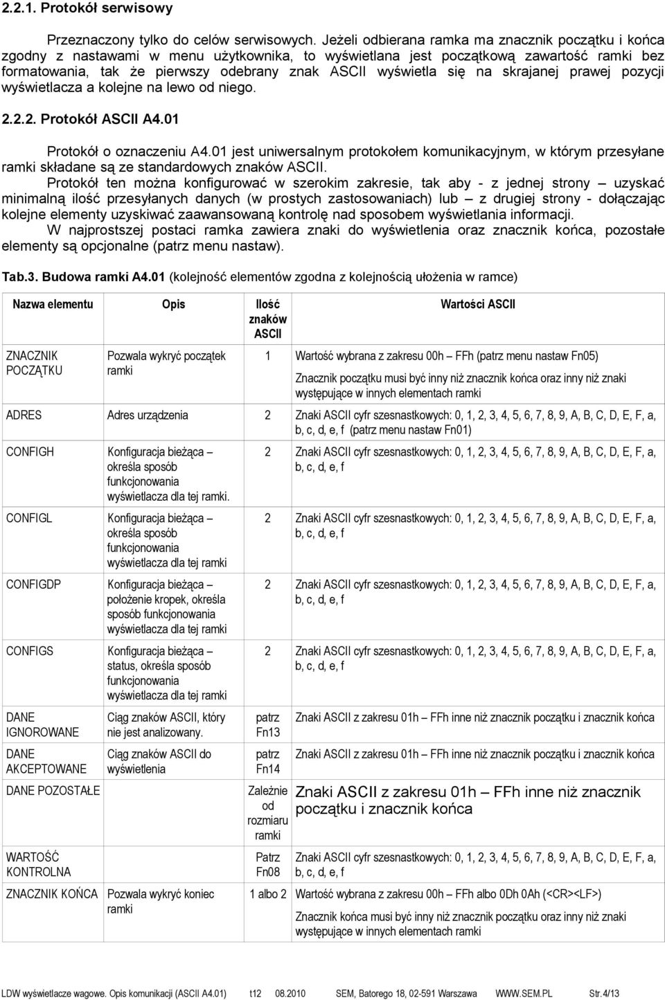 wyświetla się na skrajanej prawej pozycji wyświetlacza a kolejne na lewo od niego. 2.2.2. Protokół ASCII A4.01 Protokół o oznaczeniu A4.