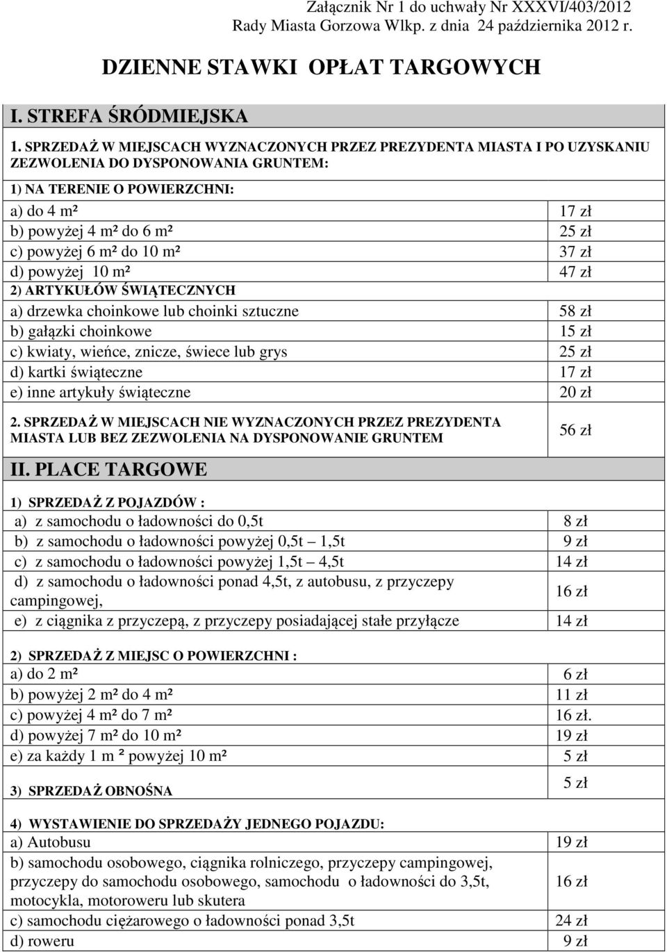 m² do 10 m² 37 zł d) powyżej 10 m² 47 zł 2) ARTYKUŁÓW ŚWIĄTECZNYCH a) drzewka choinkowe lub choinki sztuczne 58 zł b) gałązki choinkowe 15 zł c) kwiaty, wieńce, znicze, świece lub grys 25 zł d)