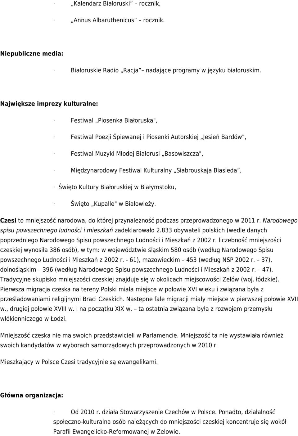 Kulturalny Siabrouskaja Biasieda, Święto Kultury Białoruskiej w Białymstoku, Święto Kupalle" w Białowieży. Czesi to mniejszość narodowa, do której przynależność podczas przeprowadzonego w 2011 r.