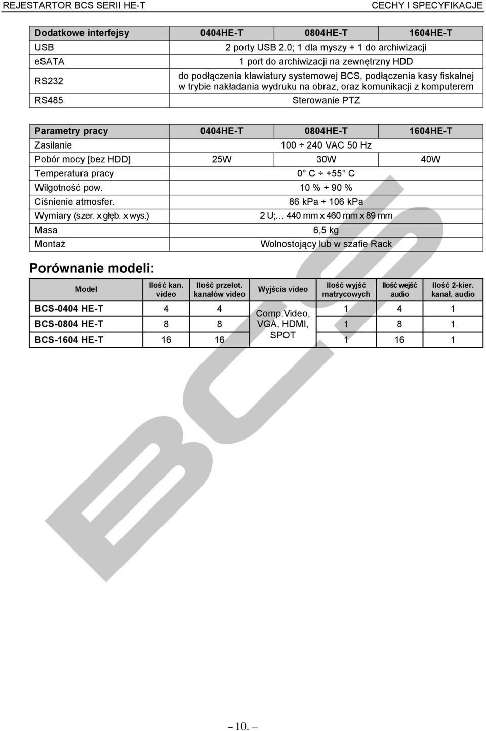 z komputerem Sterowanie PTZ Parametry pracy 0404HE-T 0804HE-T 1604HE-T Zasilanie 100 240 VAC 50 Hz Pobór mocy [bez HDD] 25W 30W 40W Temperatura pracy 0 C +55 C Wilgotność pow.