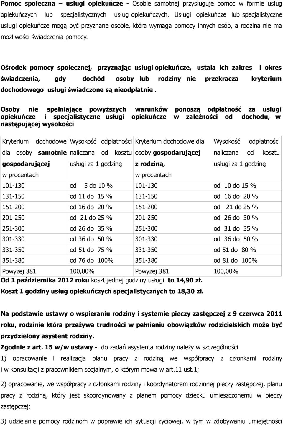 Ośrodek pomocy społecznej, przyznając usługi opiekuńcze, ustala ich zakres i okres świadczenia, gdy dochód osoby lub rodziny nie przekracza kryterium dochodowego usługi świadczone są nieodpłatnie.