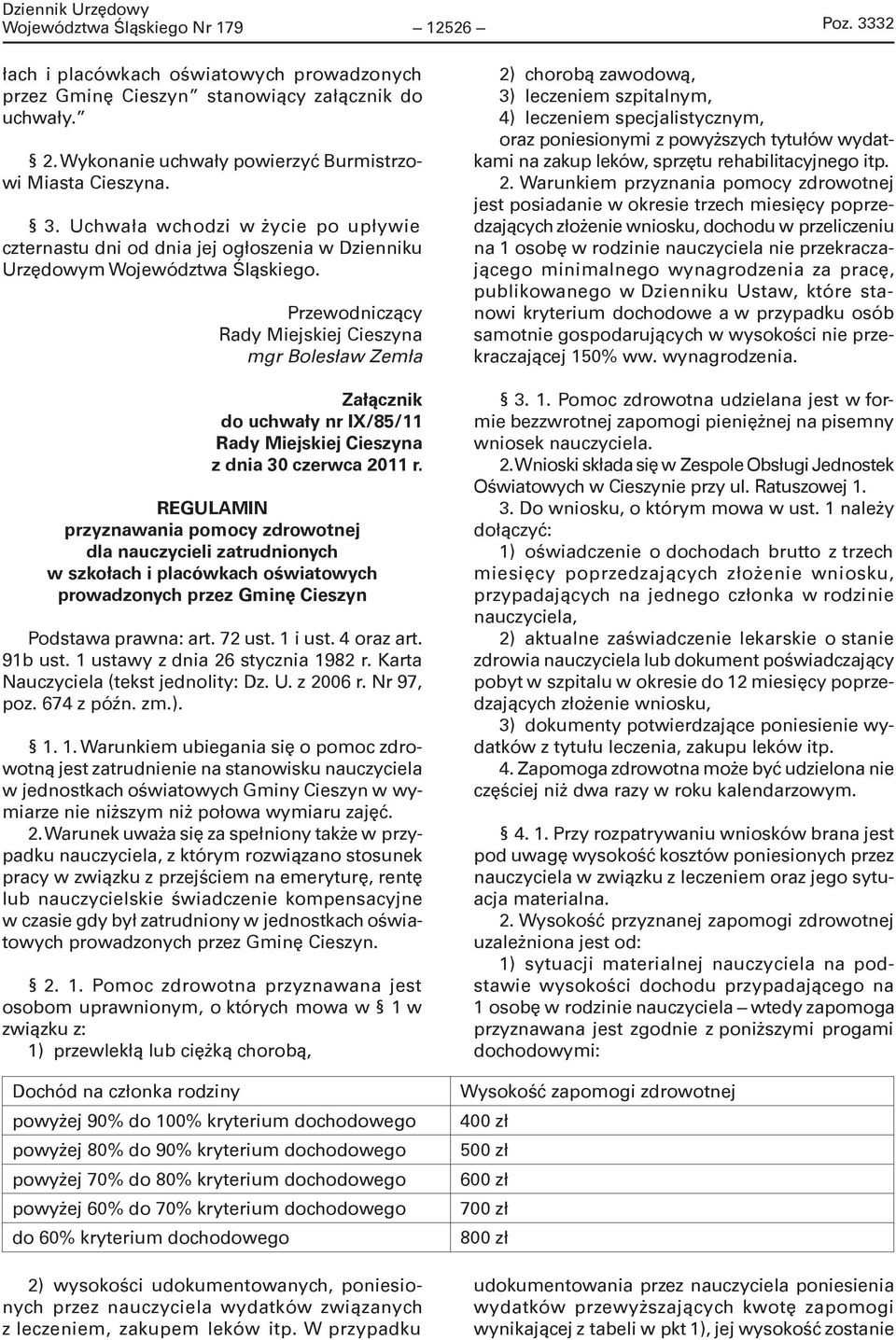 REGULAMIN przyznawania pomocy zdrowotnej dla nauczycieli zatrudnionych w szkołach i placówkach oświatowych prowadzonych przez Gminę Cieszyn Podstawa prawna: art. 72 ust. 1 i ust. 4 oraz art. 91b ust.