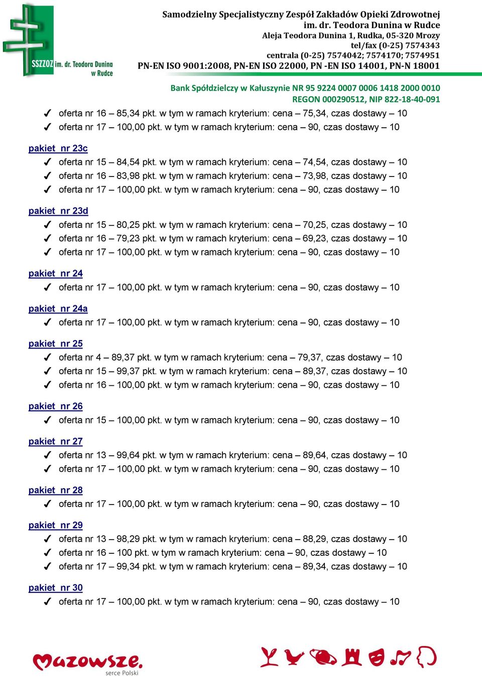 w tym w ramach kryterium: cena 69,23, czas dostawy 10 pakiet nr 24 pakiet nr 24a pakiet nr 25 oferta nr 4 89,37 pkt. w tym w ramach kryterium: cena 79,37, czas dostawy 10 oferta nr 15 99,37 pkt.