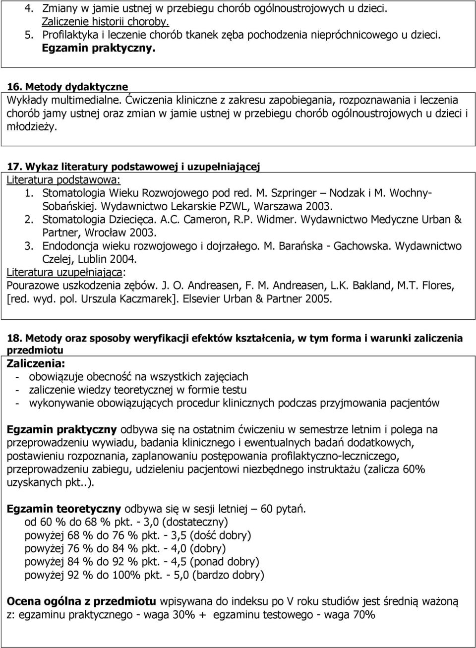 Ćwiczenia kliniczne z zakresu zapobiegania, rozpoznawania i leczenia chorób jamy ustnej oraz zmian w jamie ustnej w przebiegu chorób ogólnoustrojowych u dzieci i młodzieży. 17.