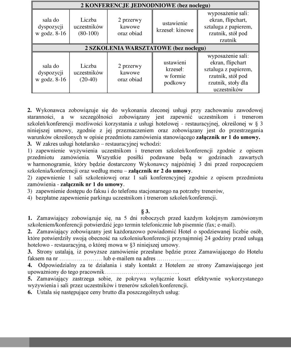 przerwy kawowe oraz obiad ustawieni krzeseł: w formie podkowy wyposażenie sali: ekran, flipchart, sztaluga z papierem, rzutnik, stół pod rzutnik wyposażenie sali: ekran, flipchart sztaluga z