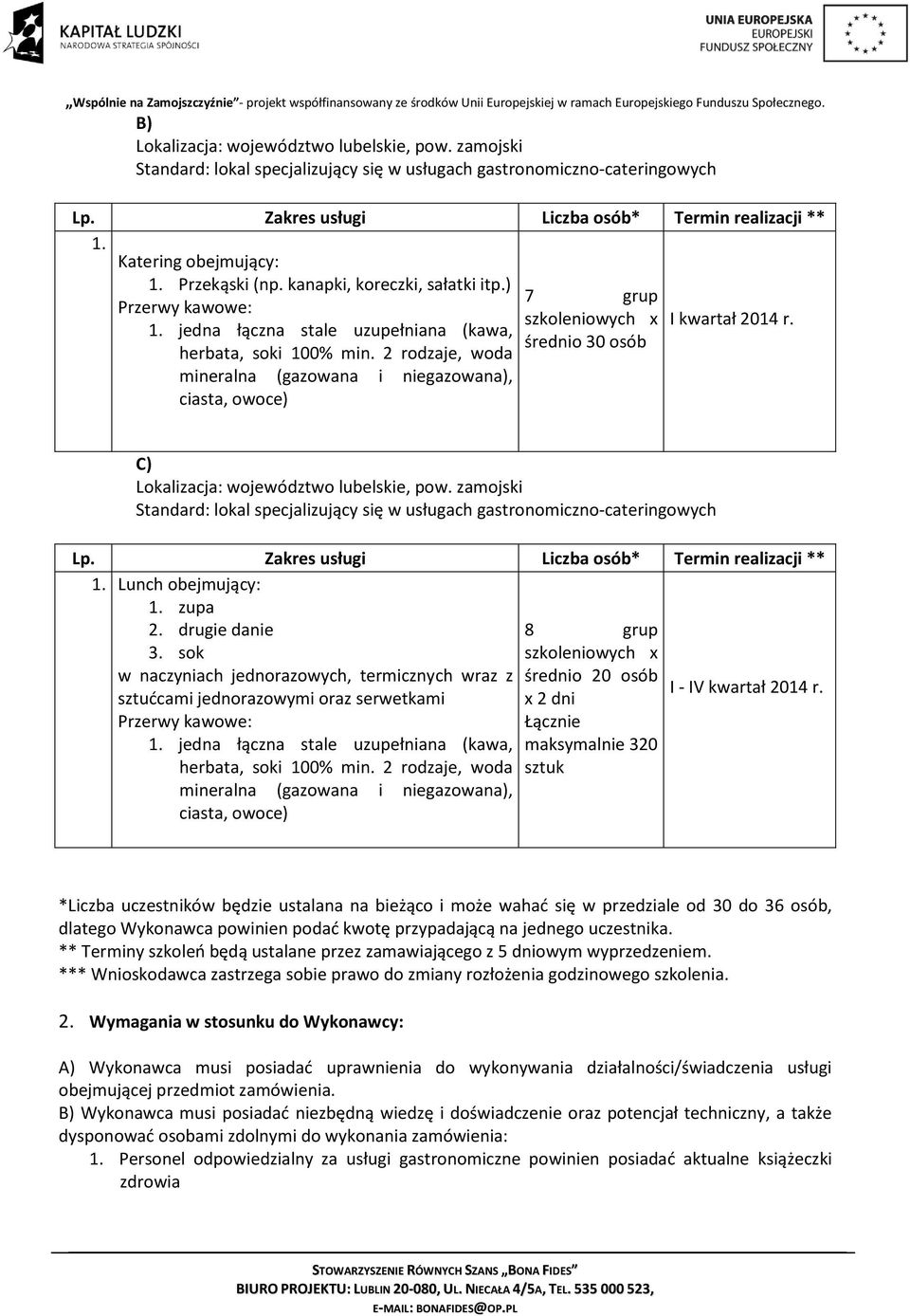 2 rodzaje, woda mineralna (gazowana i niegazowana), ciasta, owoce) 7 grup szkoleniowych x średnio 30 osób I kwartał 2014 r. C) Lokalizacja: województwo lubelskie, pow.