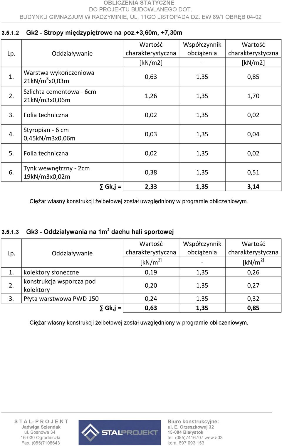 1,26 1,35 1,70 3. Folia techniczna 0,02 1,35 0,02 4. Styropian - 6 cm 0,45kN/m3x0,06m 0,03 1,35 0,04 5. Folia techniczna 0,02 1,35 0,02 6.