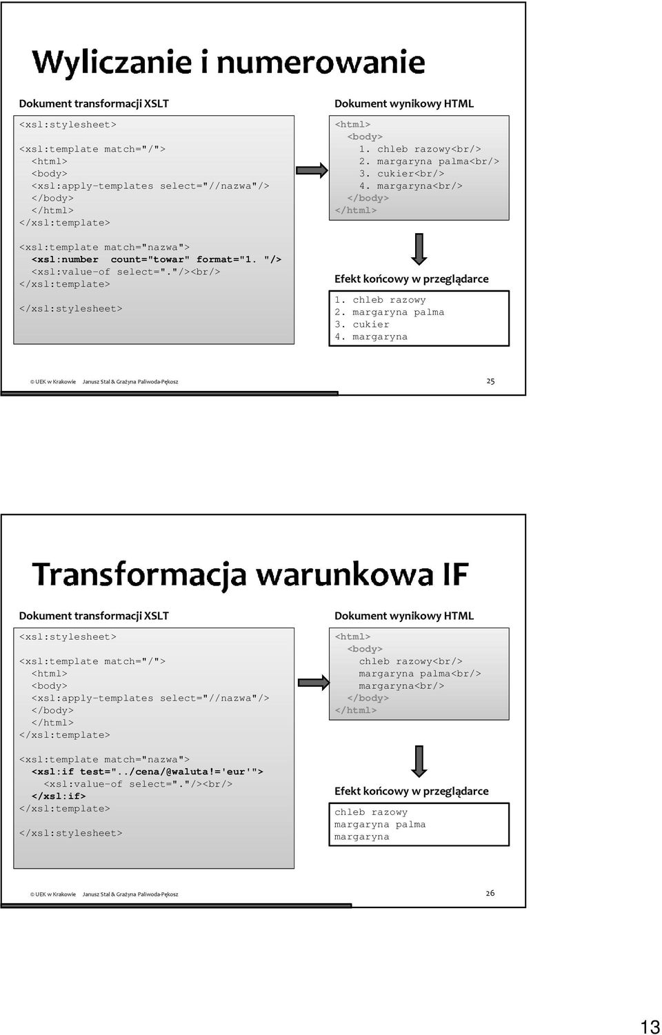 margaryna palma 3. cukier 4. margaryna 25 Dokument transformacji XSLT <xsl:apply-templates select="//nazwa"/> <xsl:if test=".