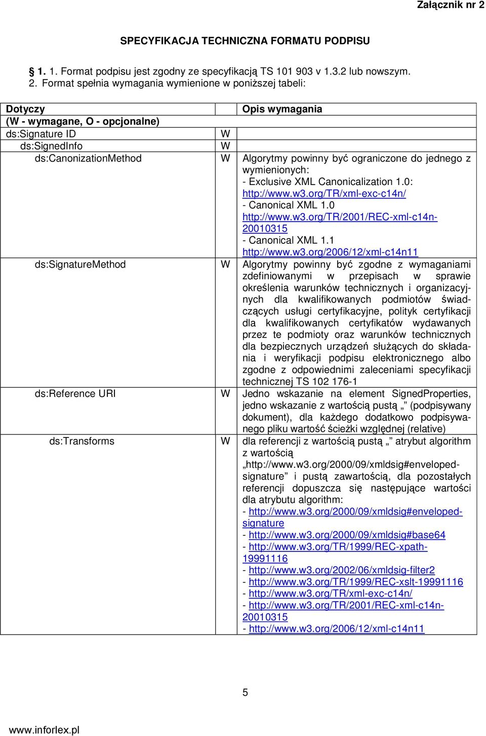 Format spełnia wymagania wymienione w poniŝszej tabeli: Dotyczy Opis wymagania (W - wymagane, O - opcjonalne) ds:signature ID W ds:signedinfo W ds:canonizationmethod W Algorytmy powinny być