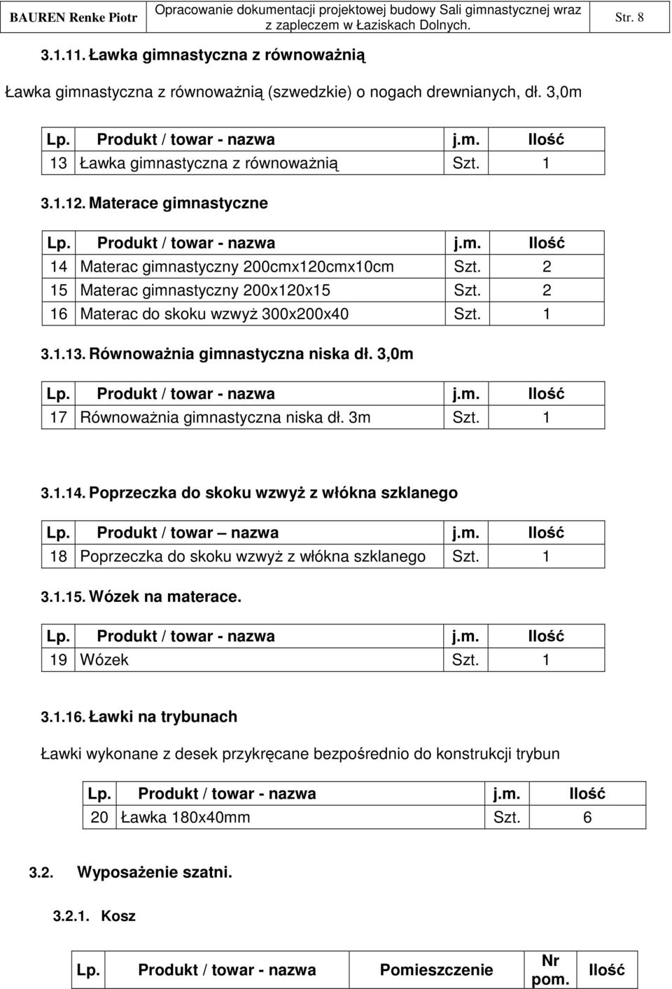 Równowania gimnastyczna niska dł. 3,0m Lp. Produkt / towar - nazwa j.m. 17 Równowania gimnastyczna niska dł. 3m Szt. 1 3.1.14. Poprzeczka do skoku wzwy z włókna szklanego Lp. Produkt / towar nazwa j.