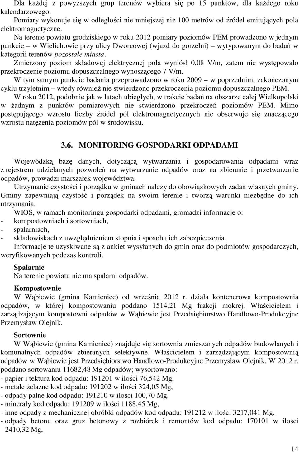 Na terenie powiatu grodziskiego w roku 2012 pomiary poziomów PEM prowadzono w jednym punkcie w Wielichowie przy ulicy Dworcowej (wjazd do gorzelni) wytypowanym do badań w kategorii terenów pozostałe