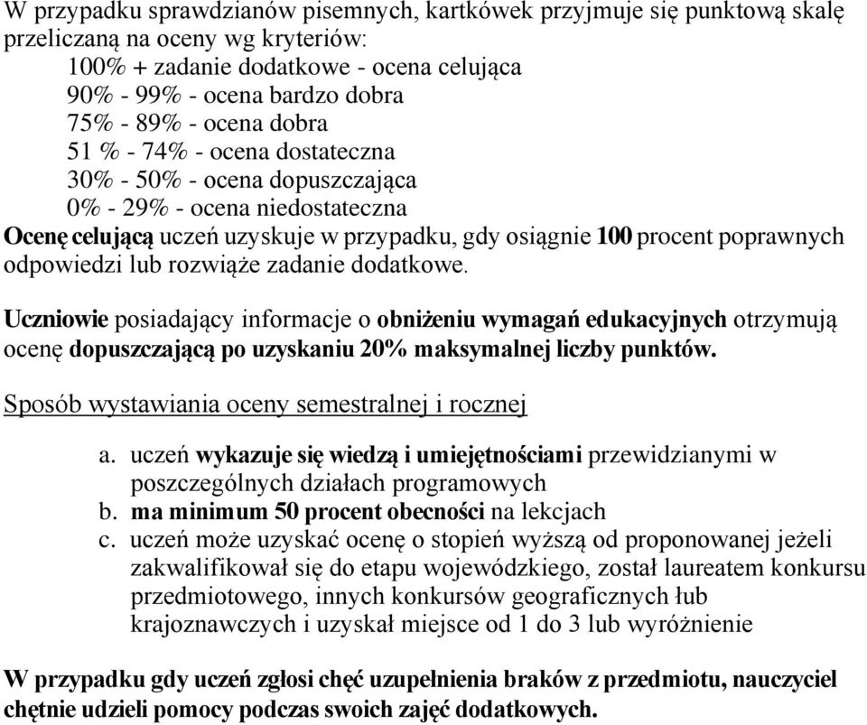 lub rozwiąże zadanie dodatkowe. Uczniowie posiadający informacje o obniżeniu wymagań edukacyjnych otrzymują ocenę dopuszczającą po uzyskaniu 20% maksymalnej liczby punktów.