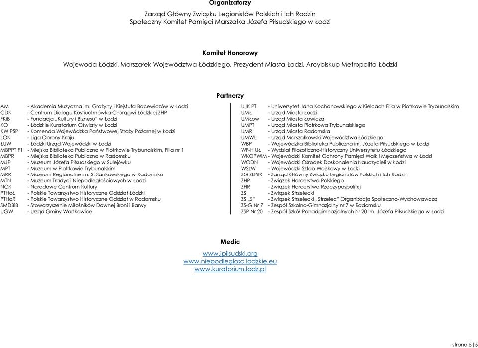 Grażyny i Kiejstuta Bacewiczów w Łodzi CDK - Centrum Dialogu Kostiuchnówka Chorągwi Łódzkiej ZHP - Fundacja Kultury i Biznesu w Łodzi KO - Łódzkie Kuratorium Oświaty w Łodzi KW PSP - Komenda