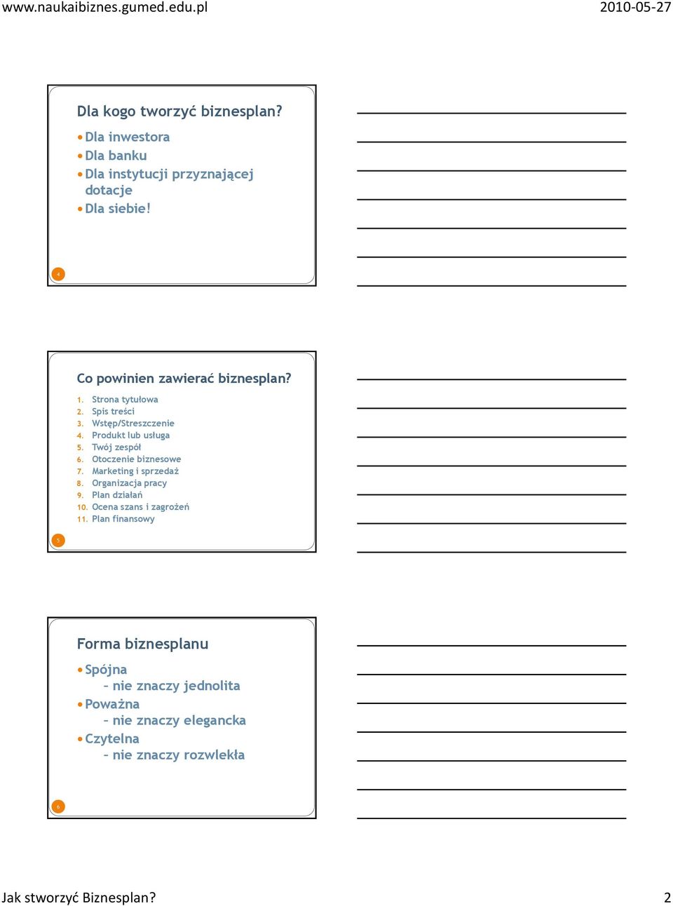 Twój zespół 6. Otoczenie biznesowe 7. Marketing i sprzedaż 8. Organizacja pracy 9. Plan działań 10.