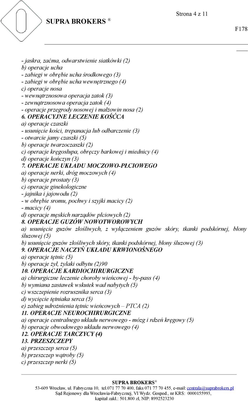 OPERACYJNE LECZENIE KOŚĆCA a) operacje czaszki - usunięcie kości, trepanacja lub odbarczenie (3) - otwarcie jamy czaszki (5) b) operacje twarzoczaszki (2) c) operacje kręgosłupa, obręczy barkowej i