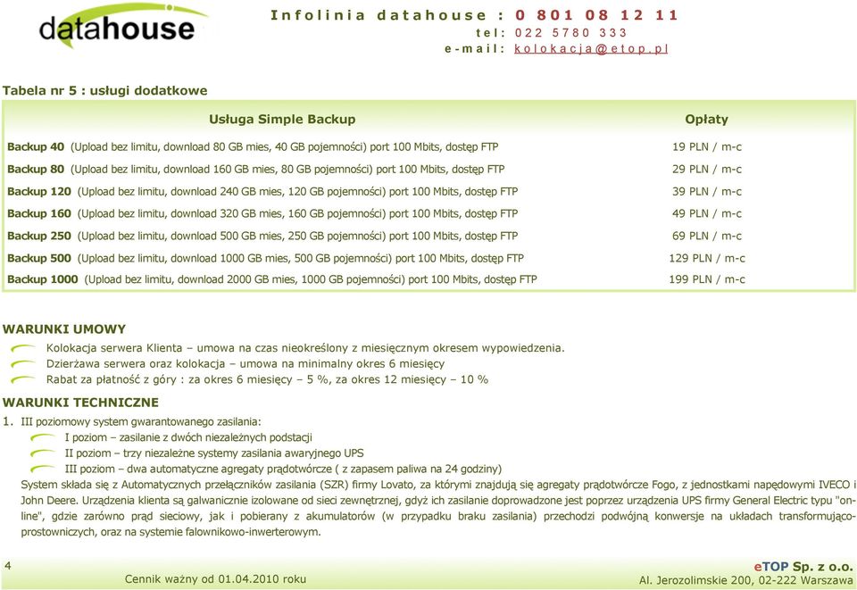 160 GB pojemności) port 100 Mbits, dostęp FTP Backup 250 (Upload bez limitu, download 500 GB mies, 250 GB pojemności) port 100 Mbits, dostęp FTP Backup 500 (Upload bez limitu, download 1000 GB mies,