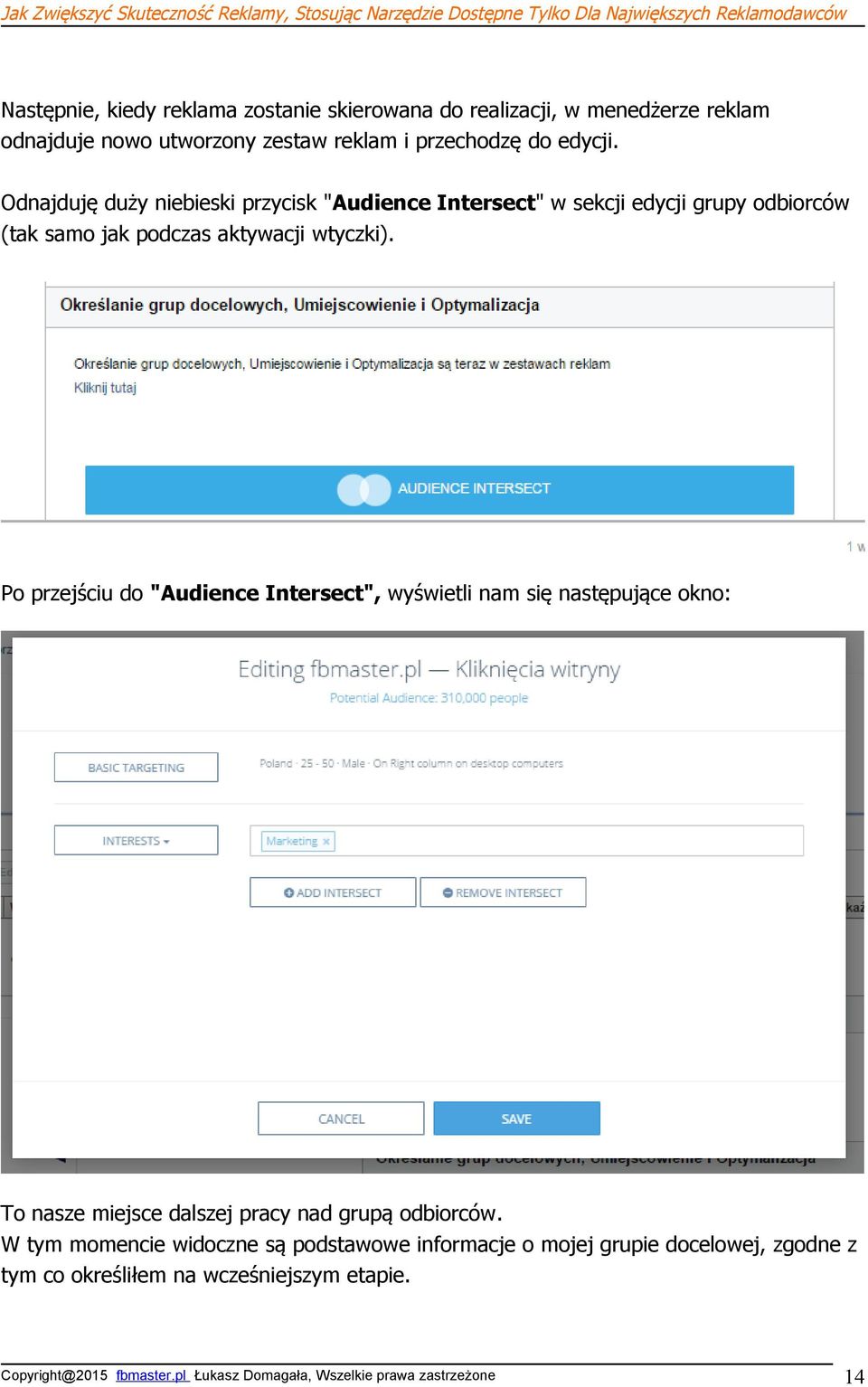 Odnajduję duży niebieski przycisk "Audience Intersect" w sekcji edycji grupy odbiorców (tak samo jak podczas aktywacji wtyczki).