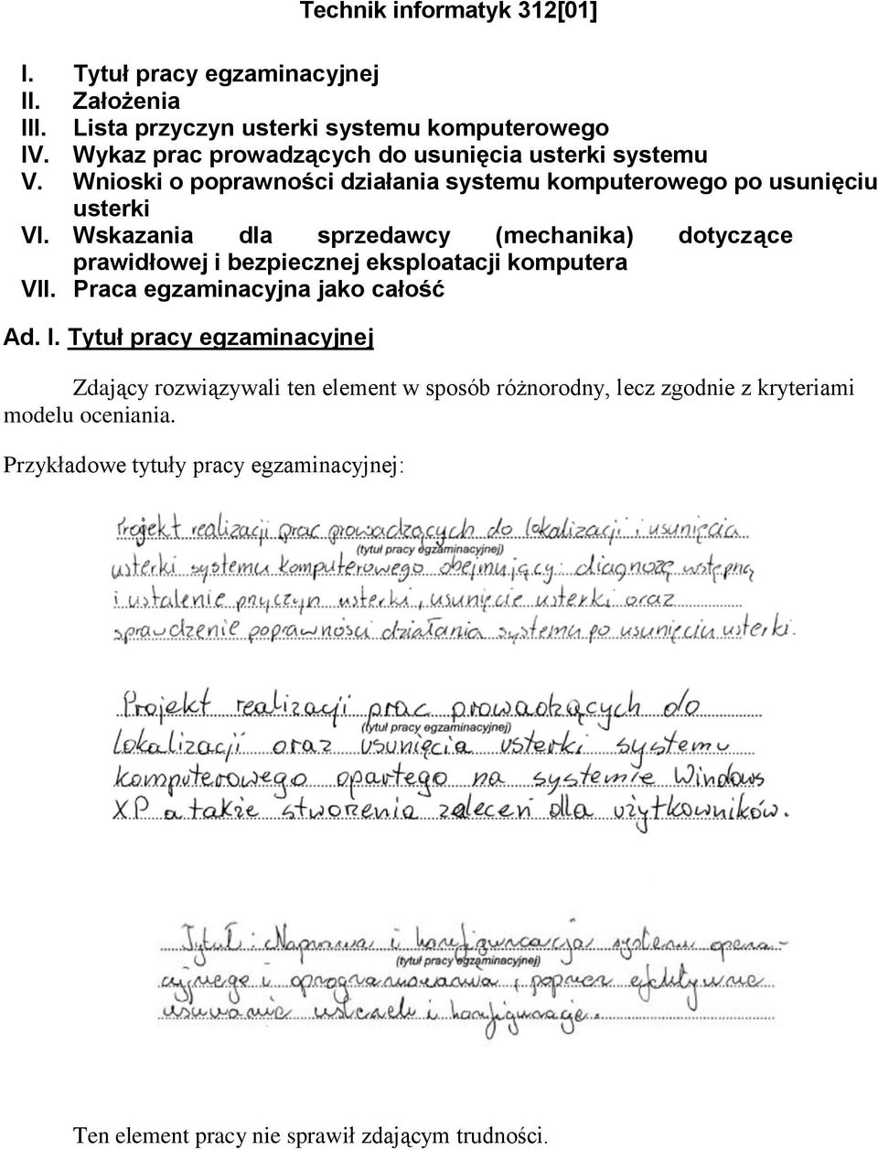 Wskazania dla sprzedawcy (mechanika) dotyczące prawidłowej i bezpiecznej eksploatacji komputera VII. Praca egzaminacyjna jako całość Ad. I.