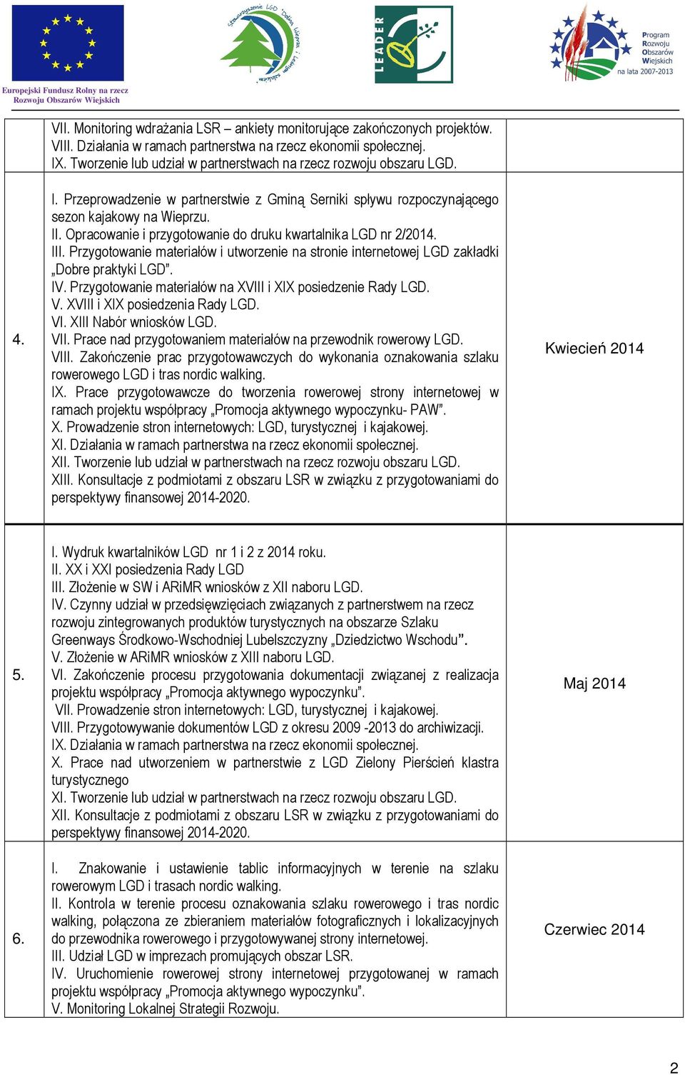 Przygotowanie materiałów na XVIII i XIX posiedzenie Rady LGD. V. XVIII i XIX posiedzenia Rady LGD. VI. XIII Nabór wniosków LGD. VII. Prace nad przygotowaniem materiałów na przewodnik rowerowy LGD.