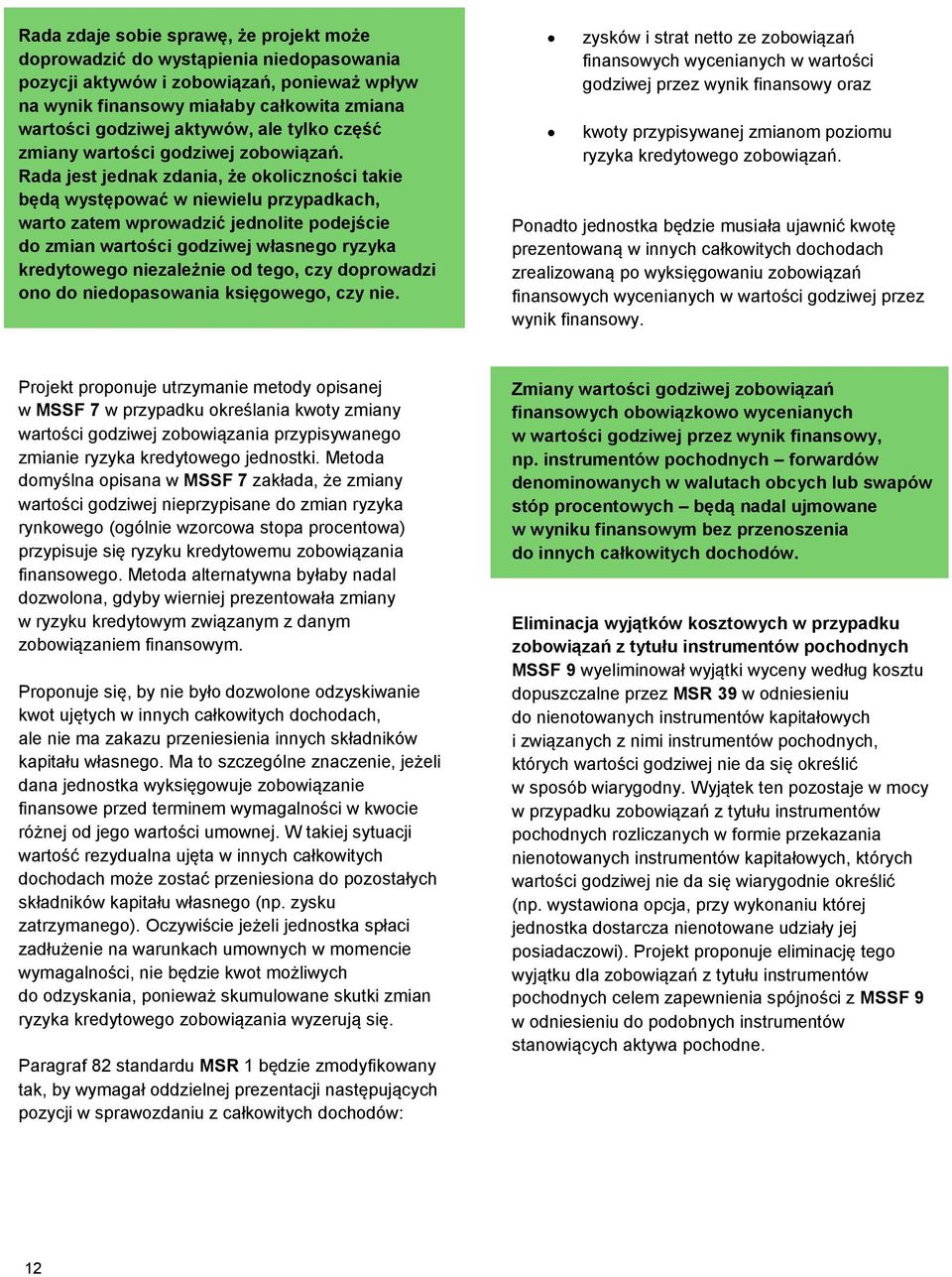 Rada jest jednak zdania, że okoliczności takie będą występować w niewielu przypadkach, warto zatem wprowadzić jednolite podejście do zmian wartości godziwej własnego ryzyka kredytowego niezależnie od