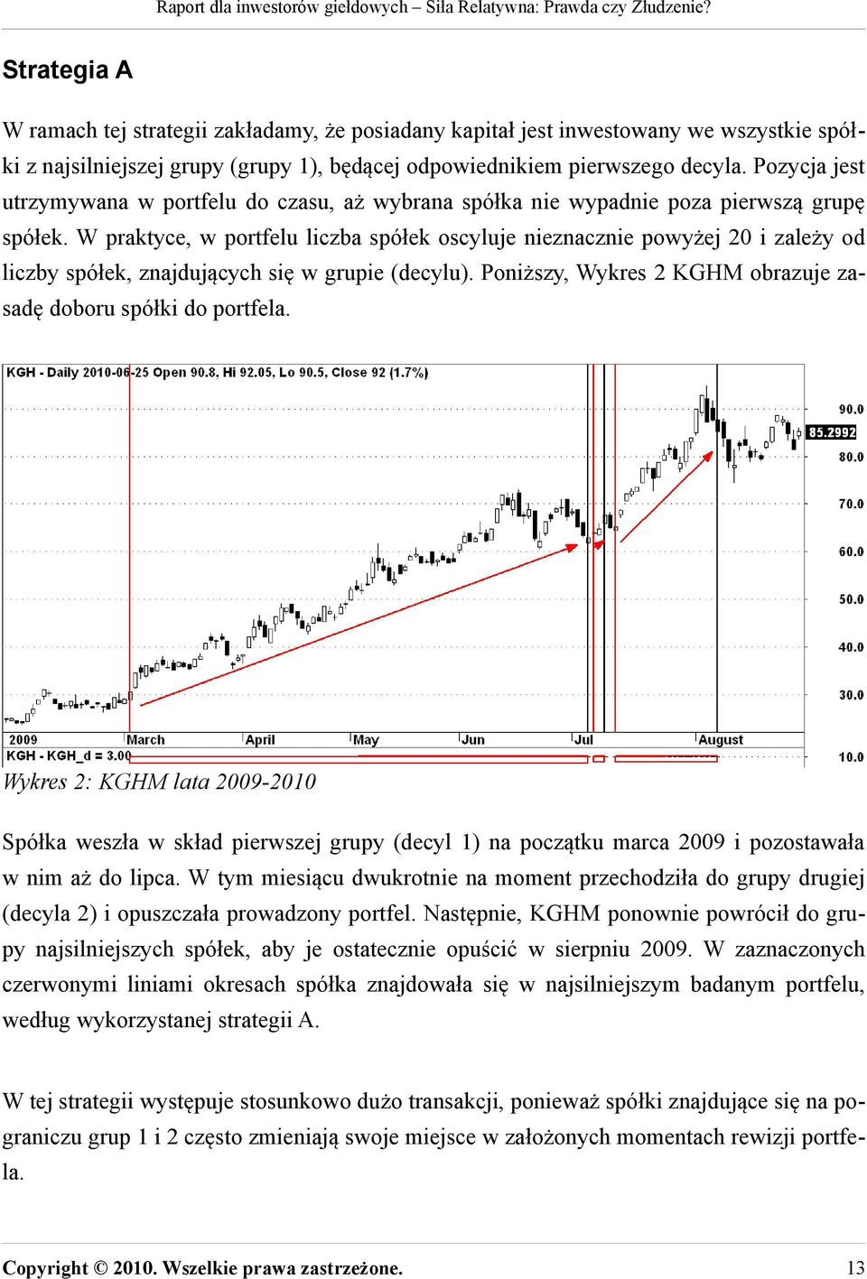 W praktyce, w portfelu liczba spółek oscyluje nieznacznie powyżej 20 i zależy od liczby spółek, znajdujących się w grupie (decylu). Poniższy, Wykres 2 KGHM obrazuje zasadę doboru spółki do portfela.