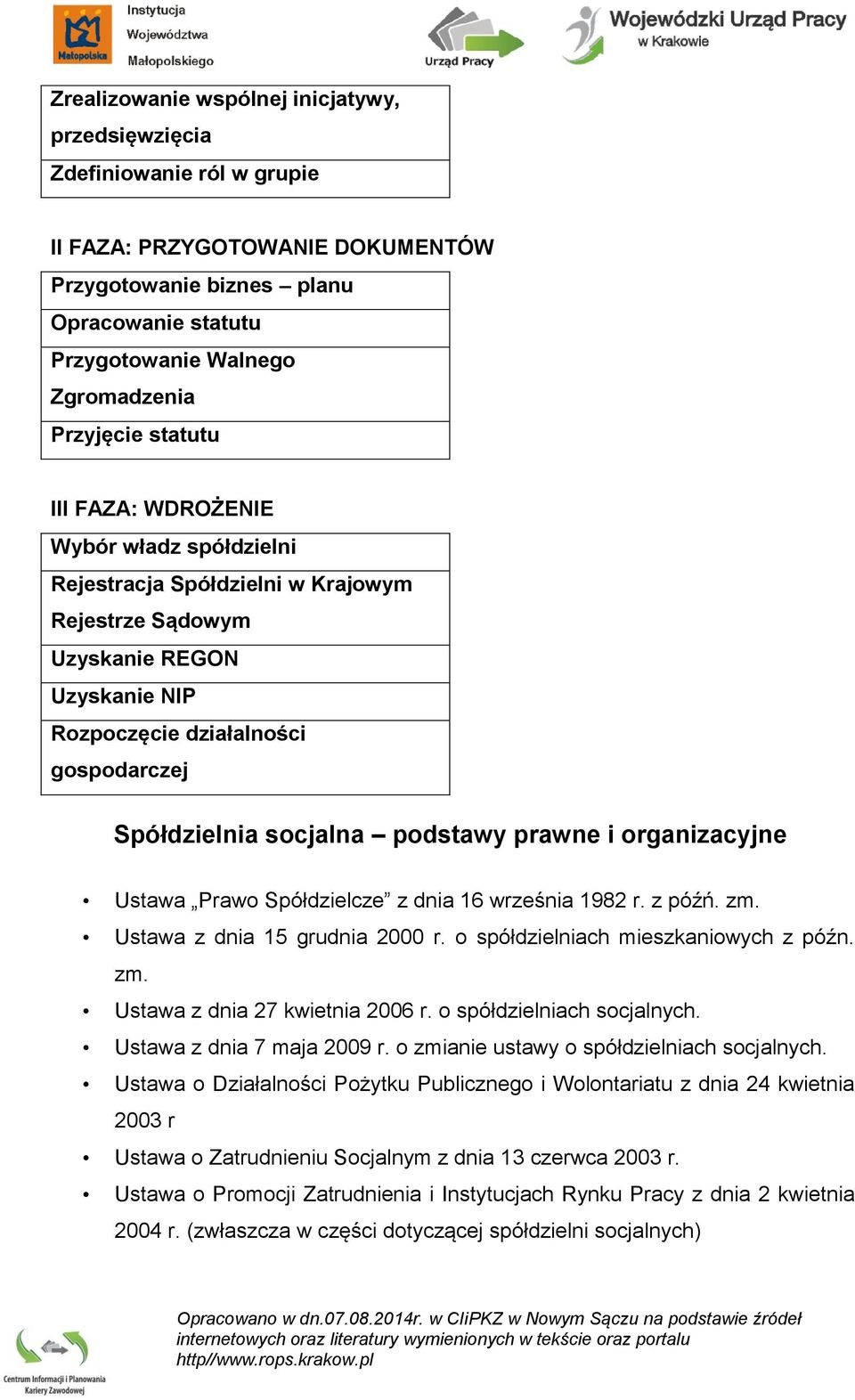 socjalna podstawy prawne i organizacyjne Ustawa Prawo Spółdzielcze z dnia 16 września 1982 r. z późń. zm. Ustawa z dnia 15 grudnia 2000 r. o spółdzielniach mieszkaniowych z późn. zm. Ustawa z dnia 27 kwietnia 2006 r.