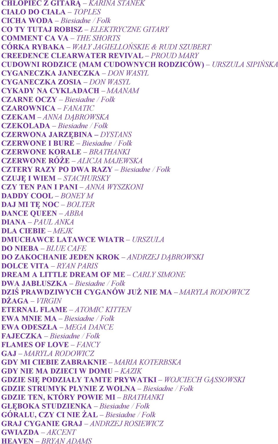 Biesiadne / Folk CZAROWNICA FANATIC CZEKAM ANNA DĄBROWSKA CZEKOLADA Biesiadne / Folk CZERWONA JARZĘBINA DYSTANS CZERWONE I BURE Biesiadne / Folk CZERWONE KORALE BRATHANKI CZERWONE RÓŻE ALICJA