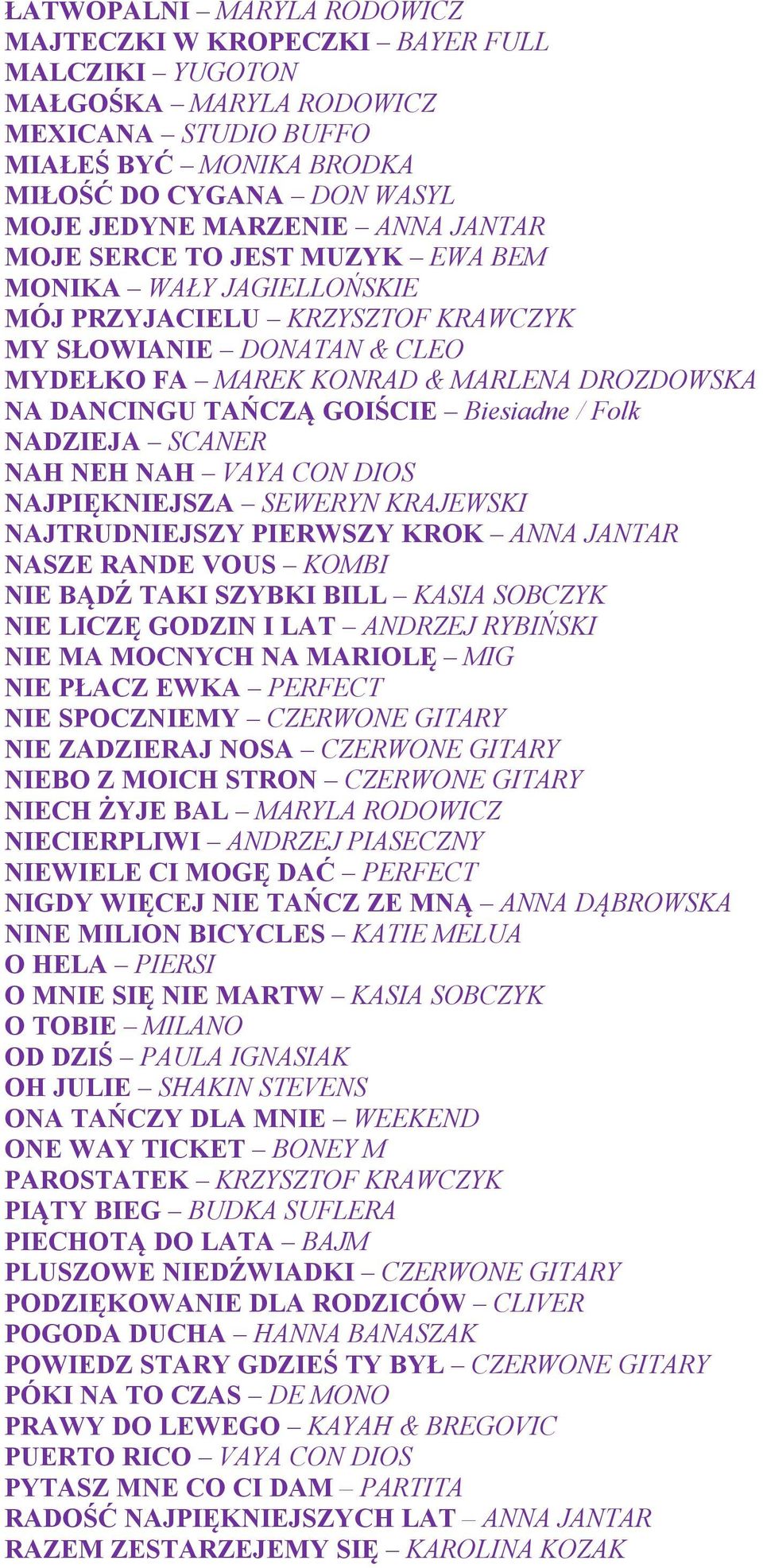 GOIŚCIE Biesiadne / Folk NADZIEJA SCANER NAH NEH NAH VAYA CON DIOS NAJPIĘKNIEJSZA SEWERYN KRAJEWSKI NAJTRUDNIEJSZY PIERWSZY KROK ANNA JANTAR NASZE RANDE VOUS KOMBI NIE BĄDŹ TAKI SZYBKI BILL KASIA