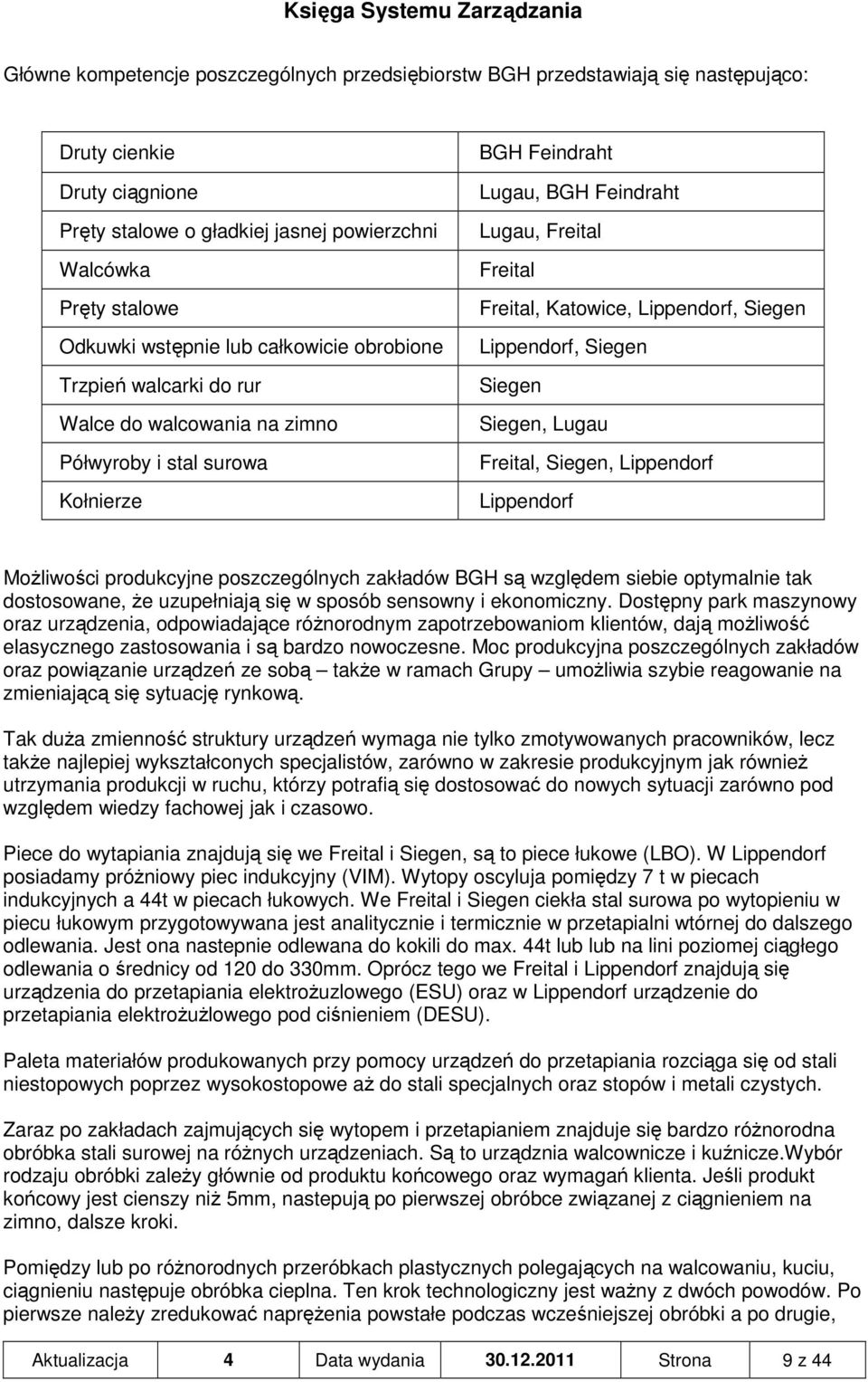 Lippendorf, Siegen Lippendorf, Siegen Siegen Siegen, Lugau Freital, Siegen, Lippendorf Lippendorf MoŜliwości produkcyjne poszczególnych zakładów BGH są względem siebie optymalnie tak dostosowane, Ŝe