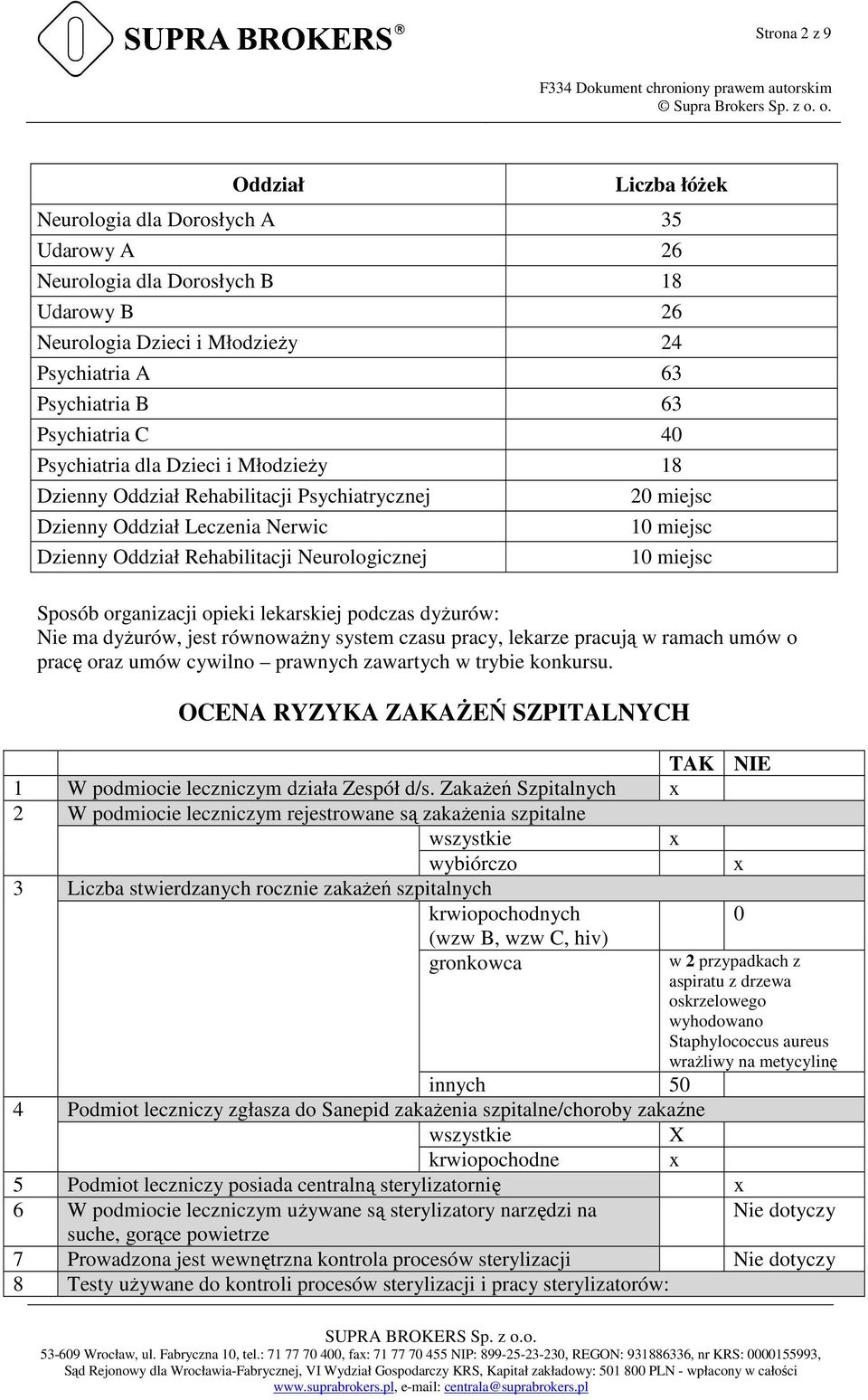 Sposób organizacji opieki lekarskiej podczas dyŝurów: Nie ma dyŝurów, jest równowaŝny system czasu pracy, lekarze pracują w ramach umów o pracę oraz umów cywilno prawnych zawartych w trybie konkursu.