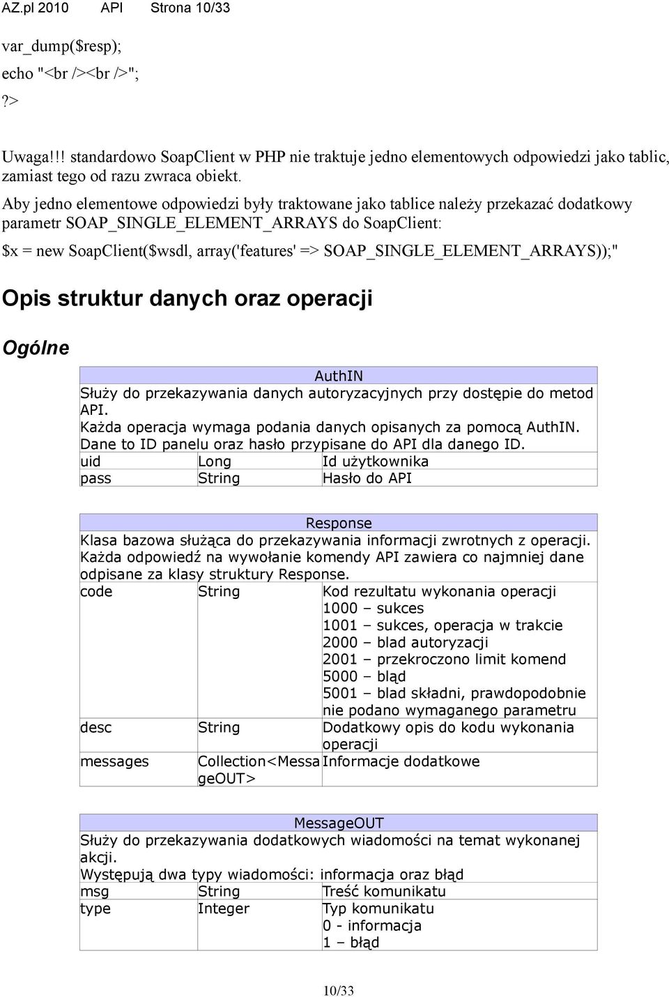 SOAP_SINGLE_ELEMENT_ARRAYS));" Opis struktur danych oraz operacji Ogólne AuthIN Służy do przekazywania danych autoryzacyjnych przy dostępie do metod API.