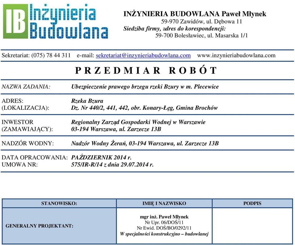Plecewice Rzeka Bzura Dz. Nr 0/,,, obr. Konary-Łęg, Gmina Brochów Regionalny Zarząd Gospodarki Wodnej w Warszawie 0-9 Warszawa, ul. Zarzecze B Nadzór Wodny Żerań, 0-9 Warszawa, ul.