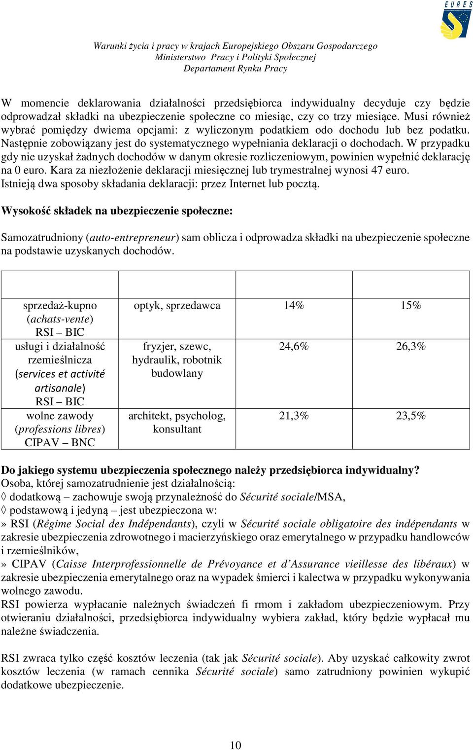 W przypadku gdy nie uzyskał żadnych dochodów w danym okresie rozliczeniowym, powinien wypełnić deklarację na 0 euro. Kara za niezłożenie deklaracji miesięcznej lub trymestralnej wynosi 47 euro.