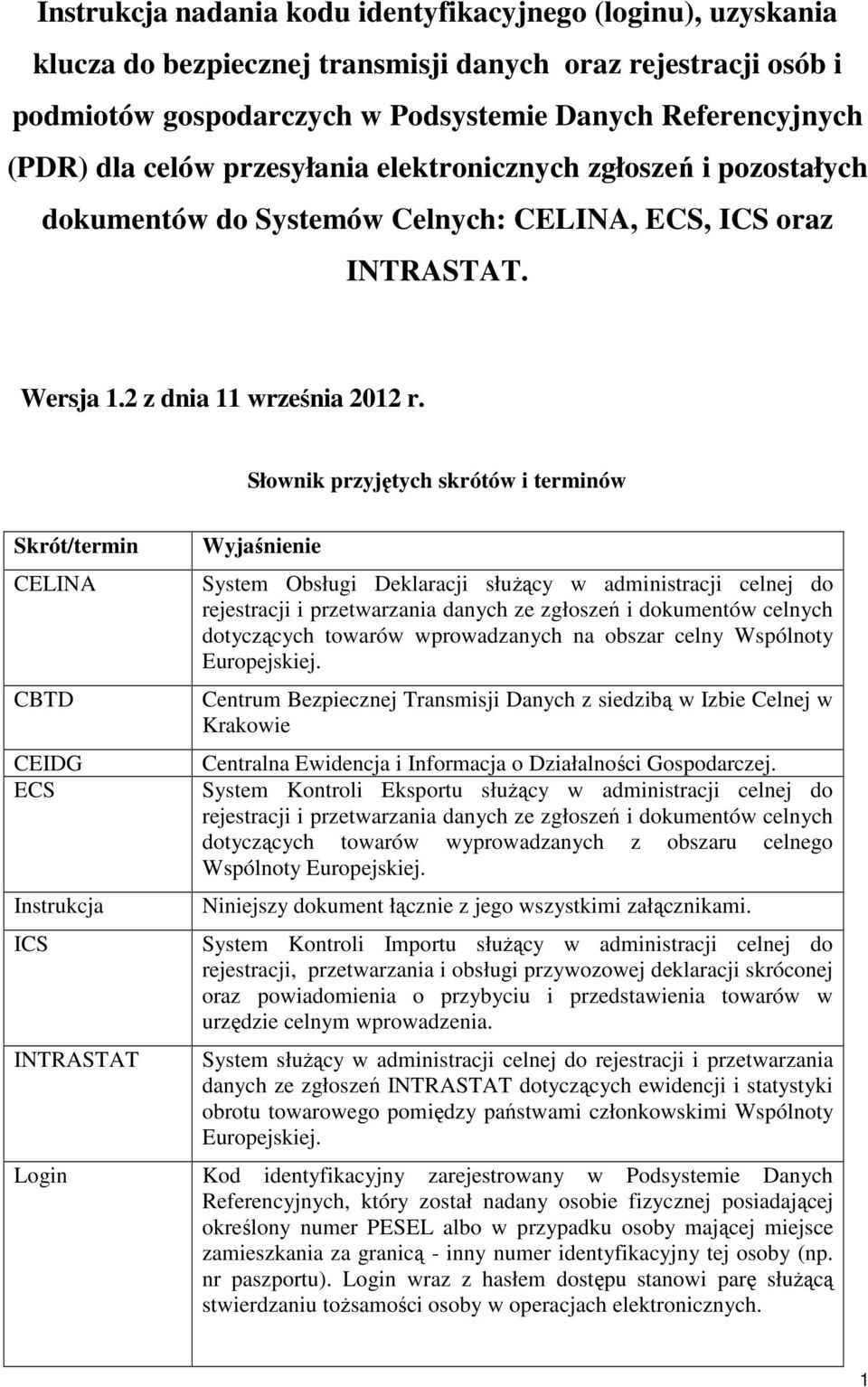 Słownik przyjętych skrótów i terminów Skrót/termin CELINA CBTD CEIDG ECS Instrukcja ICS INTRASTAT Wyjaśnienie System Obsługi Deklaracji słuŝący w administracji celnej do rejestracji i przetwarzania