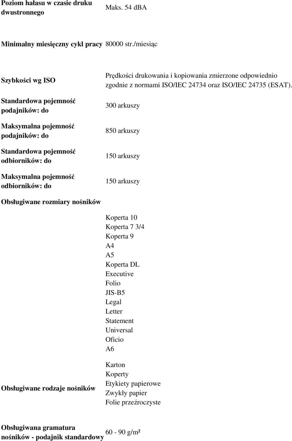drukowania i kopiowania zmierzone odpowiednio zgodnie z normami ISO/IEC 24734 oraz ISO/IEC 24735 (ESAT).