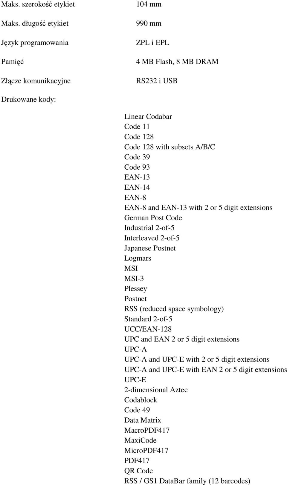 subsets A/B/C Code 39 Code 93 EAN-13 EAN-14 EAN-8 EAN-8 and EAN-13 with 2 or 5 digit extensions German Post Code Industrial 2-of-5 Interleaved 2-of-5 Japanese Postnet Logmars MSI MSI-3