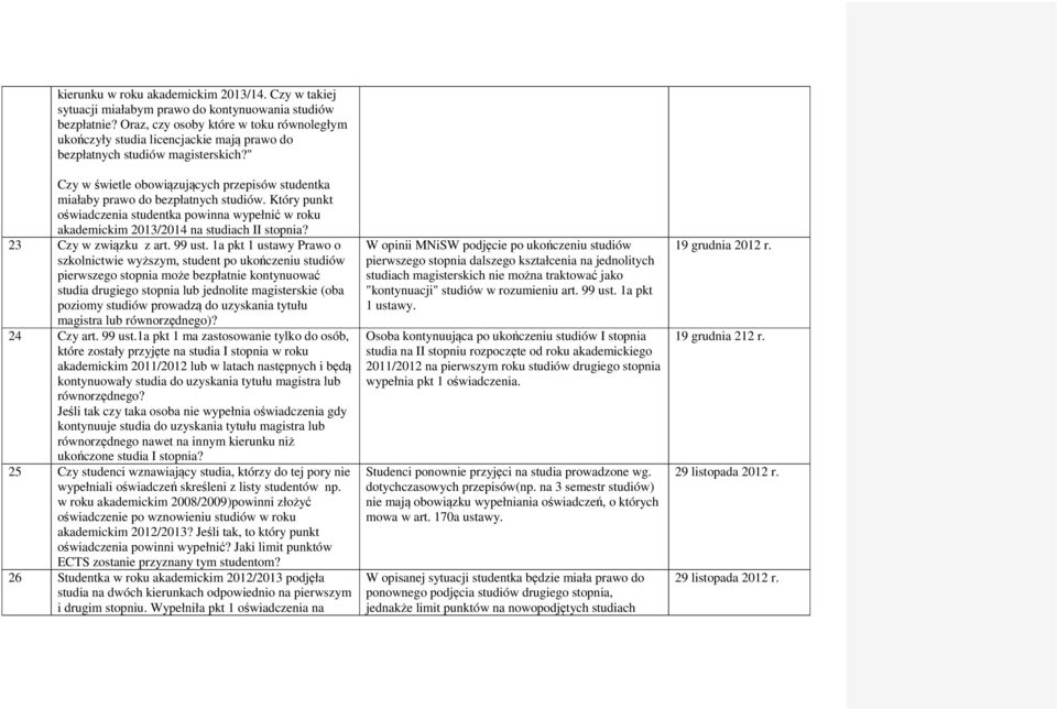 " Czy w świetle obowiązujących przepisów studentka miałaby prawo do bezpłatnych studiów. Który punkt oświadczenia studentka powinna wypełnić w roku akademickim 2013/2014 na studiach II stopnia?