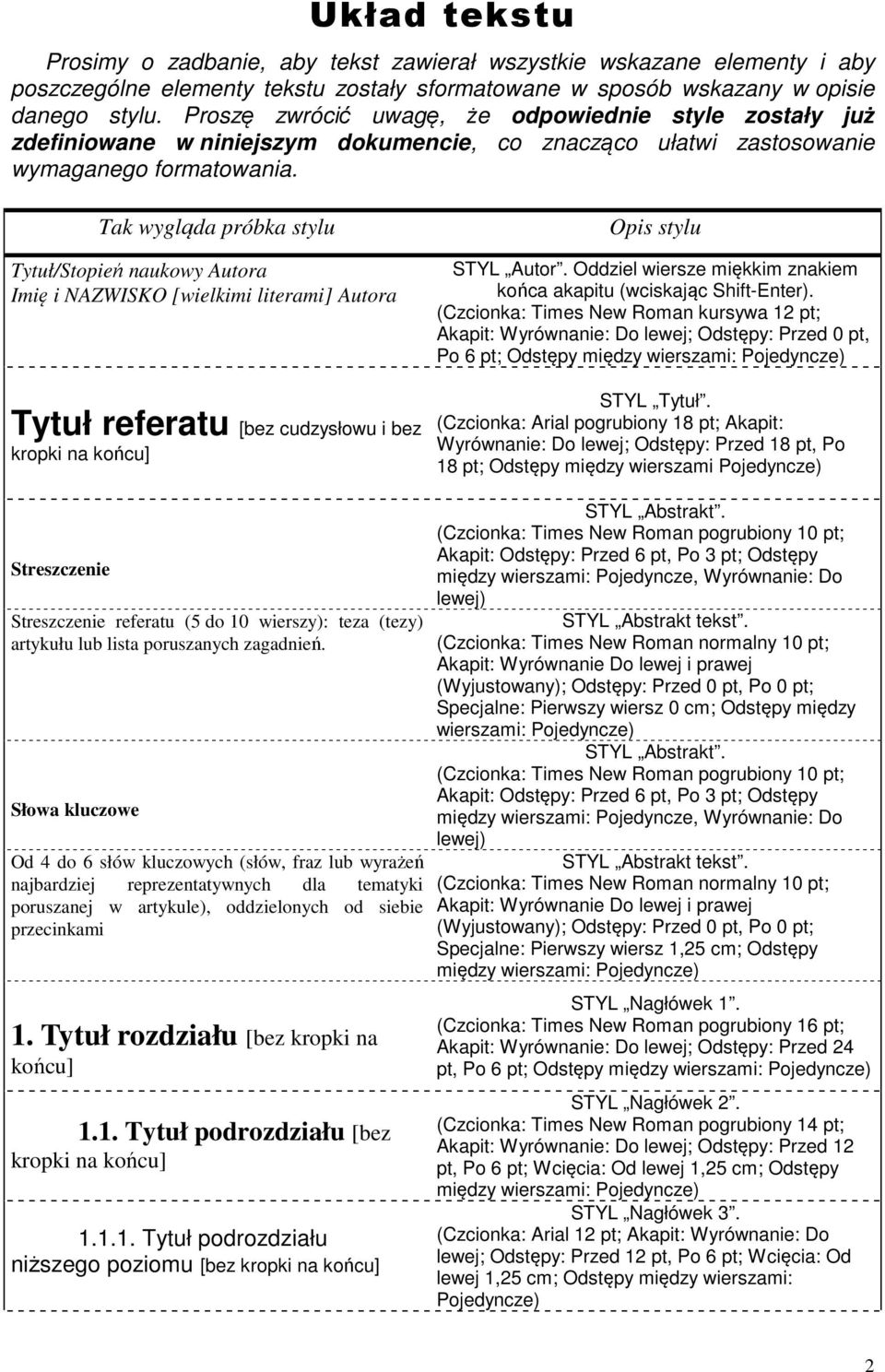 Tak wygląda próbka stylu Tytuł/Stopień naukowy Autora Imię i NAZWISKO [wielkimi literami] Autora Tytuł referatu [bez cudzysłowu i bez kropki na końcu] Opis stylu STYL Autor.