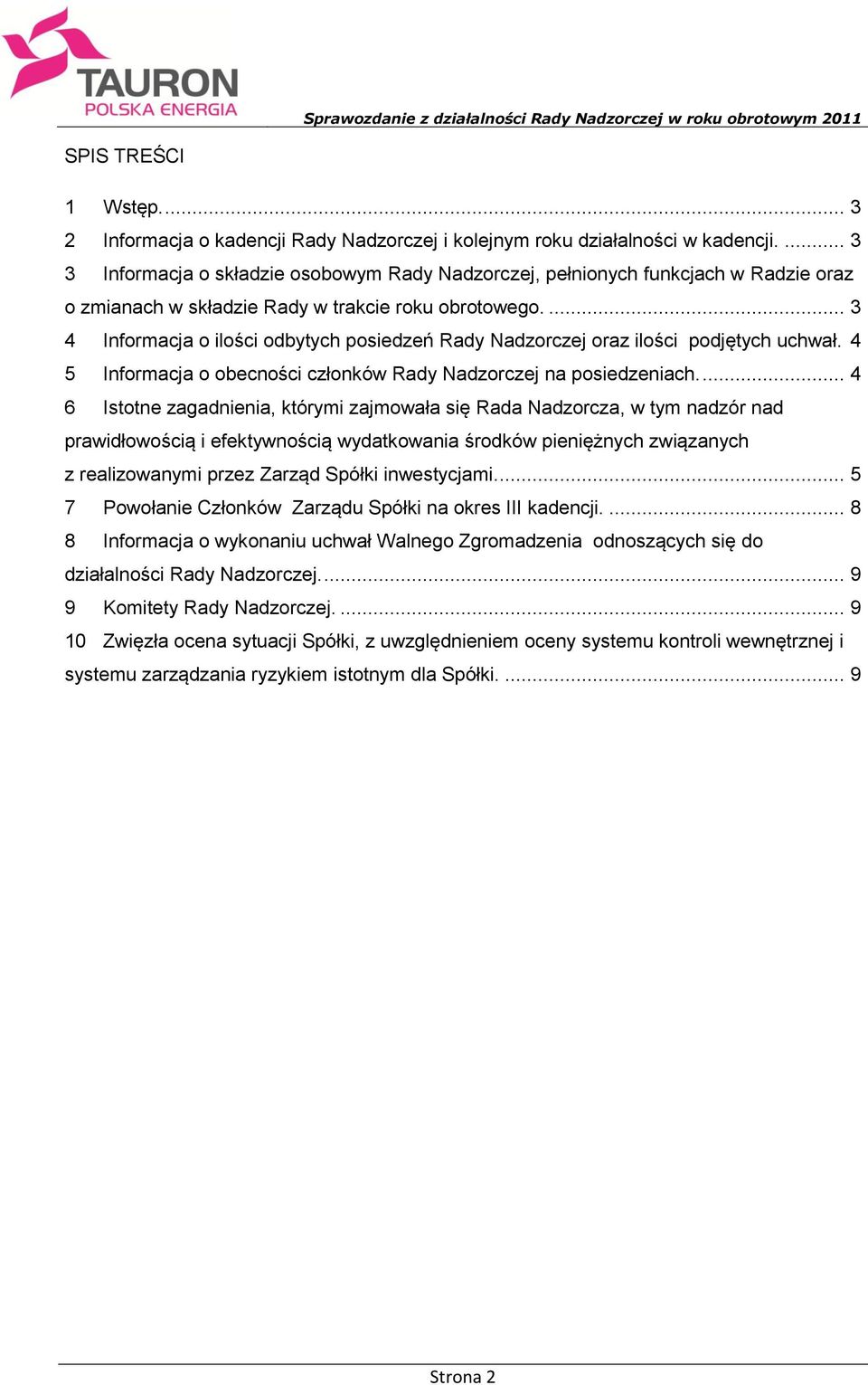 ... 3 4 Informacja o ilości odbytych posiedzeń Rady Nadzorczej oraz ilości podjętych uchwał. 4 5 Informacja o obecności członków Rady Nadzorczej na posiedzeniach.