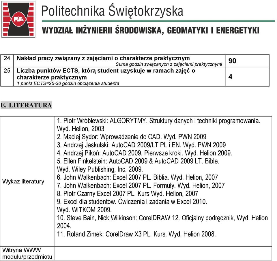 Maciej Sydor: Wprowadzenie do CAD. Wyd. PWN 2009 3. Andrzej Jaskulski: AutoCAD 2009/T P i EN. Wyd. PWN 2009 4. Andrzej Pikoń: AutoCAD 2009. Pierwsze kroki. Wyd. Helion 2009. 5.