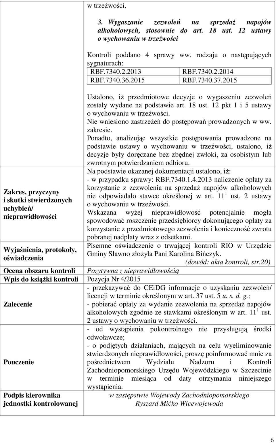 Wygaszanie zezwoleń na sprzedaŝ napojów alkoholowych, stosownie do art. 18 ust. 12 ustawy o wychowaniu w trzeźwości Kontroli poddano 4 sprawy ww. rodzaju o następujących sygnaturach: RBF.7340.2.2013 RBF.