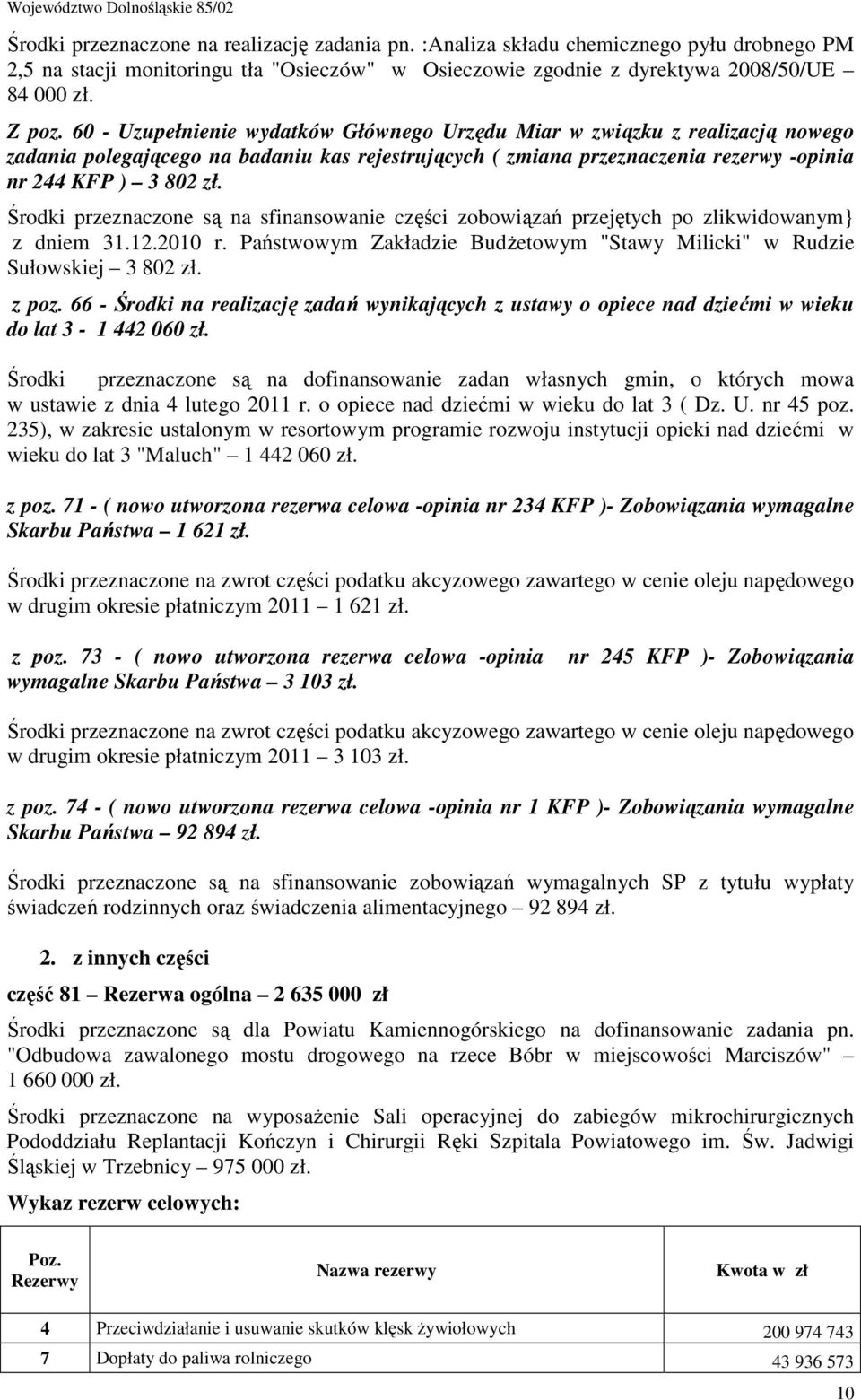 Środki przeznaczone są na sfinansowanie części zobowiązań przejętych po zlikwidowanym} z dniem 31.12.2010 r. Państwowym Zakładzie Budżetowym "Stawy Milicki" w Rudzie Sułowskiej 3 802 zł. z poz.