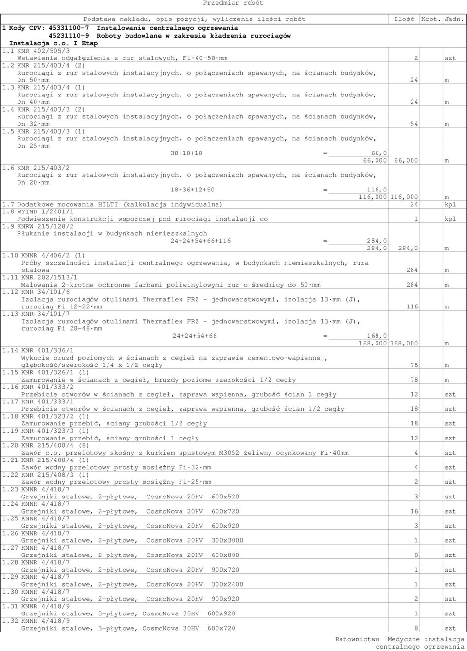 5 KNR 215/403/3 (1) Dn 25 mm 38+18+10 = 66,0 66,000 66,000 m 1.6 KNR 215/403/2 Dn 20 mm 18+36+12+50 = 116,0 116,000 116,000 m 1.7 Dodatkowe mocowania HILTI (kalkulacja indywidualna) 24 kpl 1.