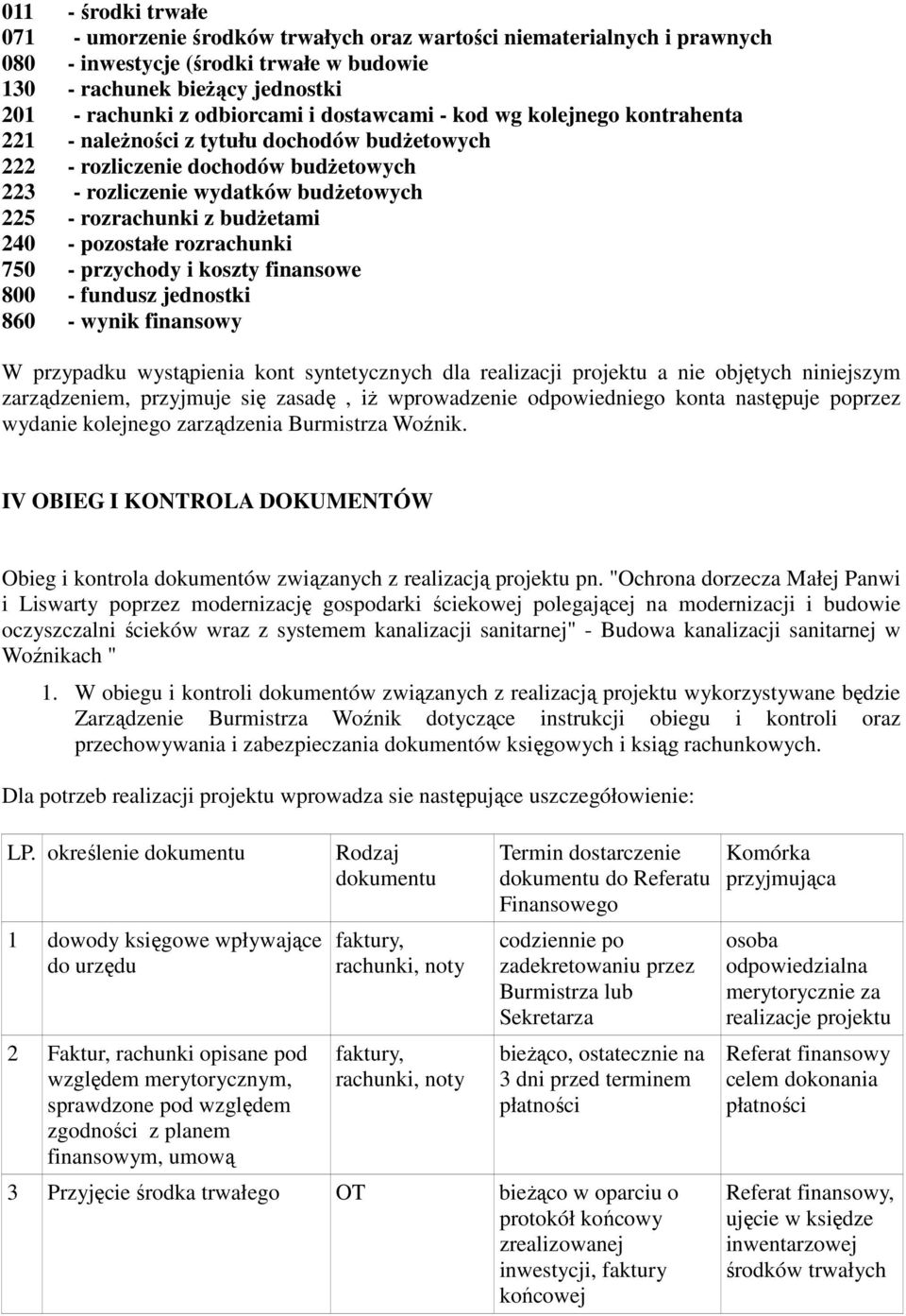 240 - pozostałe rozrachunki 750 - przychody i koszty finansowe 800 - fundusz jednostki 860 - wynik finansowy W przypadku wystąpienia kont syntetycznych dla realizacji projektu a nie objętych