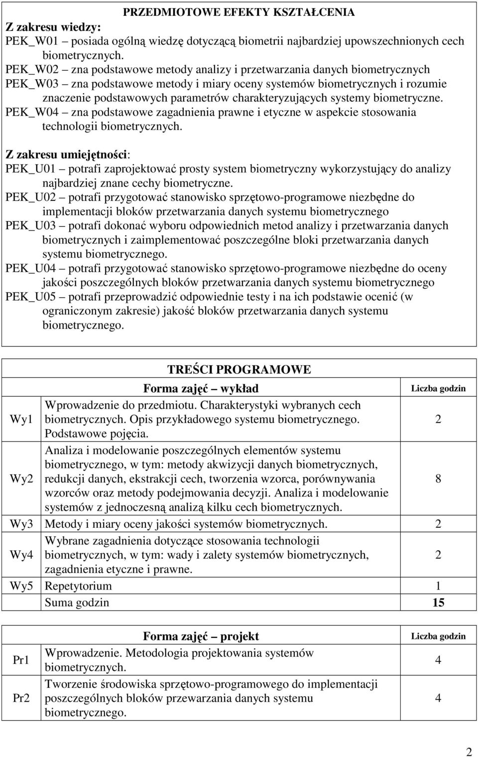 charakteryzujących systemy biometryczne. PEK_W04 zna podstawowe zagadnienia prawne i etyczne w aspekcie stosowania technologii biometrycznych.