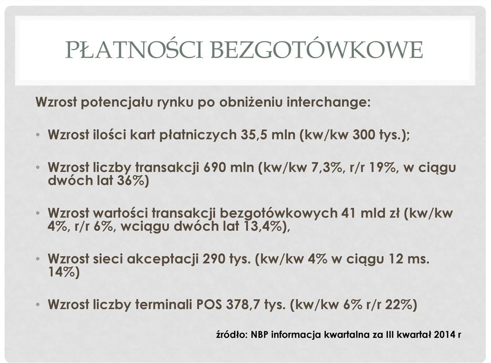 ); Wzrost liczby transakcji 690 mln (kw/kw 7,3%, r/r 19%, w ciągu dwóch lat 36%) Wzrost wartości transakcji