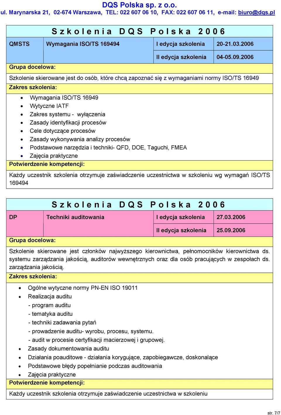 dotyczące procesów Zasady wykonywania analizy procesów Podstawowe narzędzia i techniki- QFD, DOE, Taguchi, FMEA Zajęcia praktyczne Każdy uczestnik szkolenia otrzymuje zaświadczenie uczestnictwa w